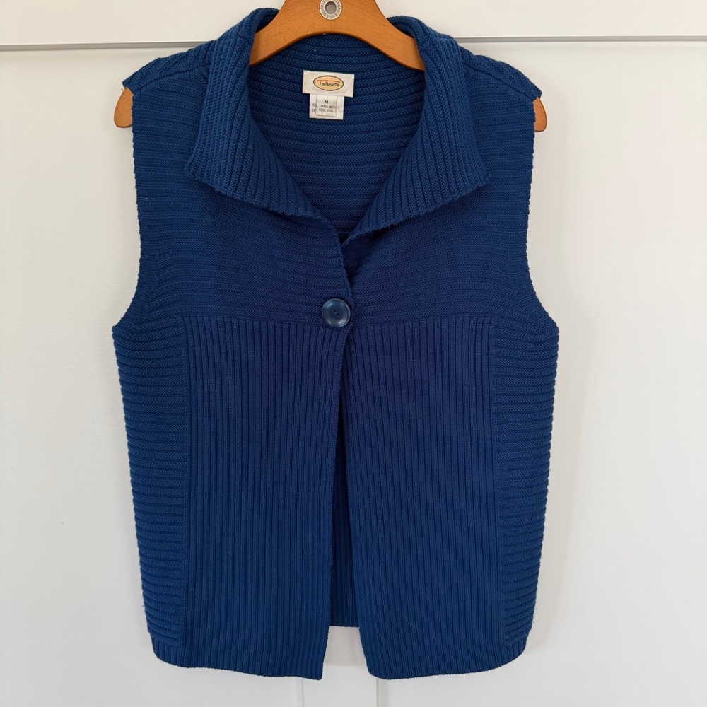 VTG‎ Talbots Women Sweater Cardigan Vest Blue Merino Wool Single Button Ribbed M